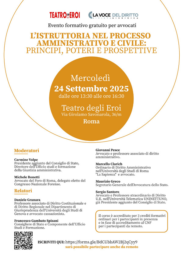 Seminario formativo gratuito 24 settembre 2025: “L’istruttoria nel processo amministrativo e civile”